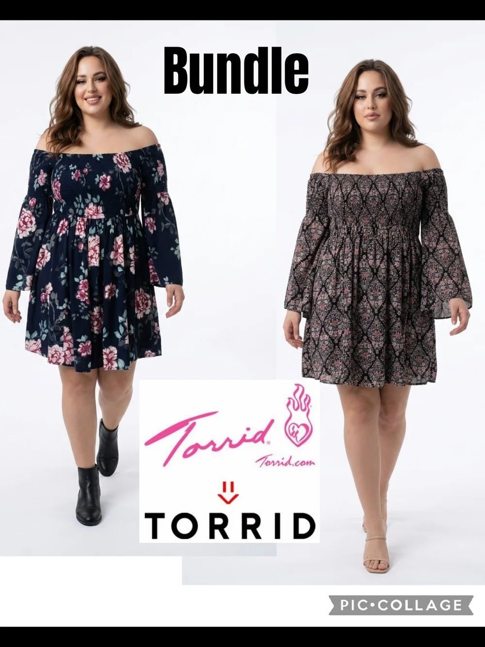 torrid Navy Floral & Black Boho Off-Shoulder Long Sleeve Dress Bundle